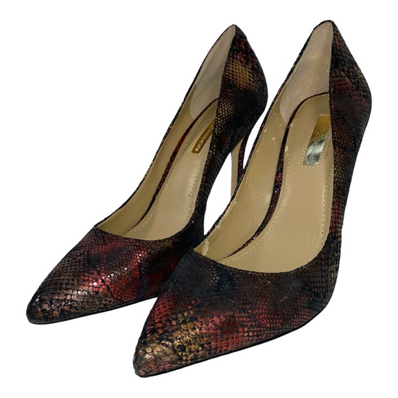 BCBGeneration Treasure Red Gold Leather Snake Print Heel Pointy Toe Pump sz 7.5 - Picture 4 of 13